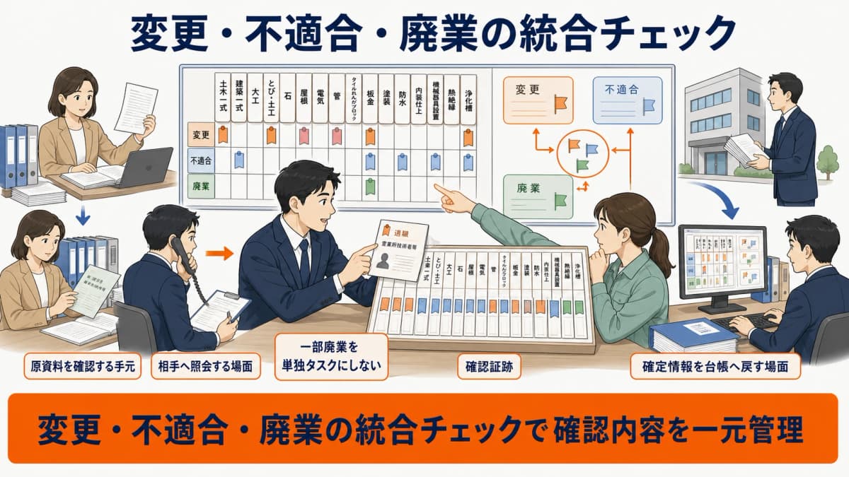 変更書類と基準不適合届と一部廃業届を統合確認するチェックリスト