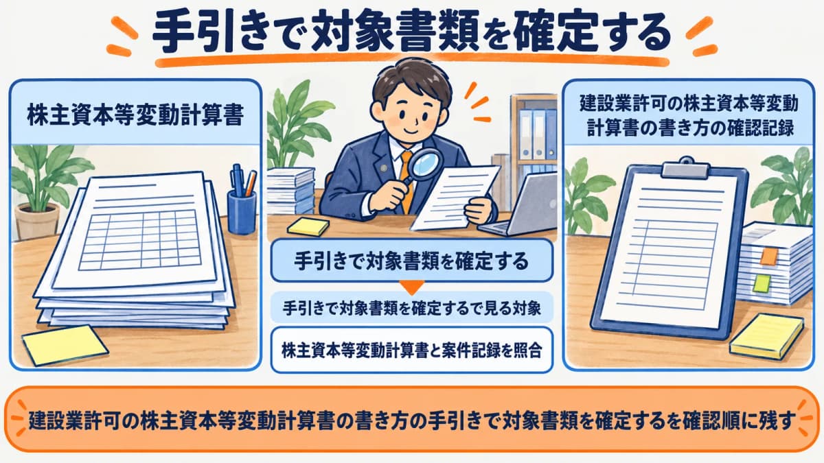 手引きでの対象書類の確定を行政書士事務所の確認順に整理した図