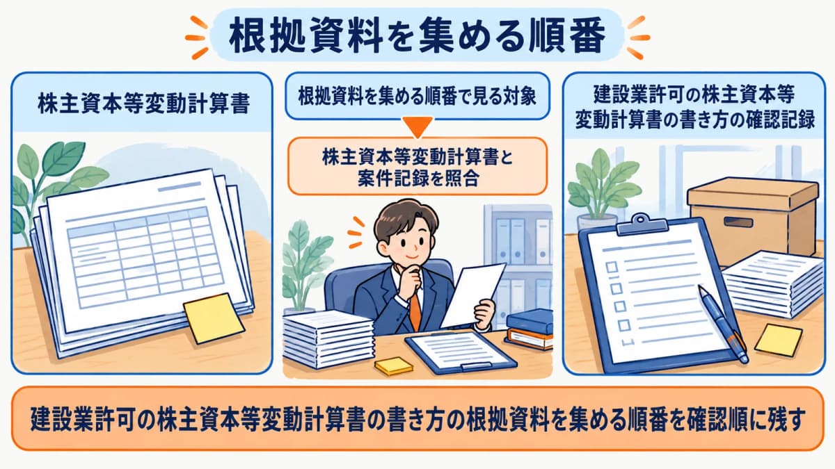 根拠資料を集める順番を行政書士事務所の確認順に整理した図