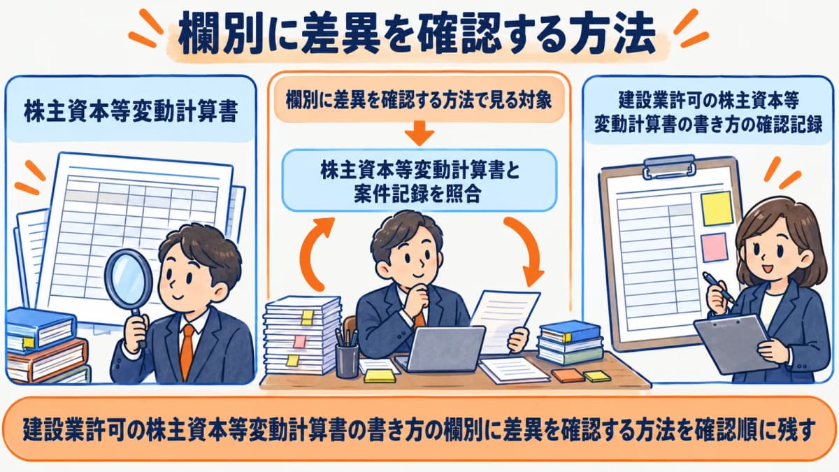 欄別に差異を確認する方法を行政書士事務所の確認順に整理した図