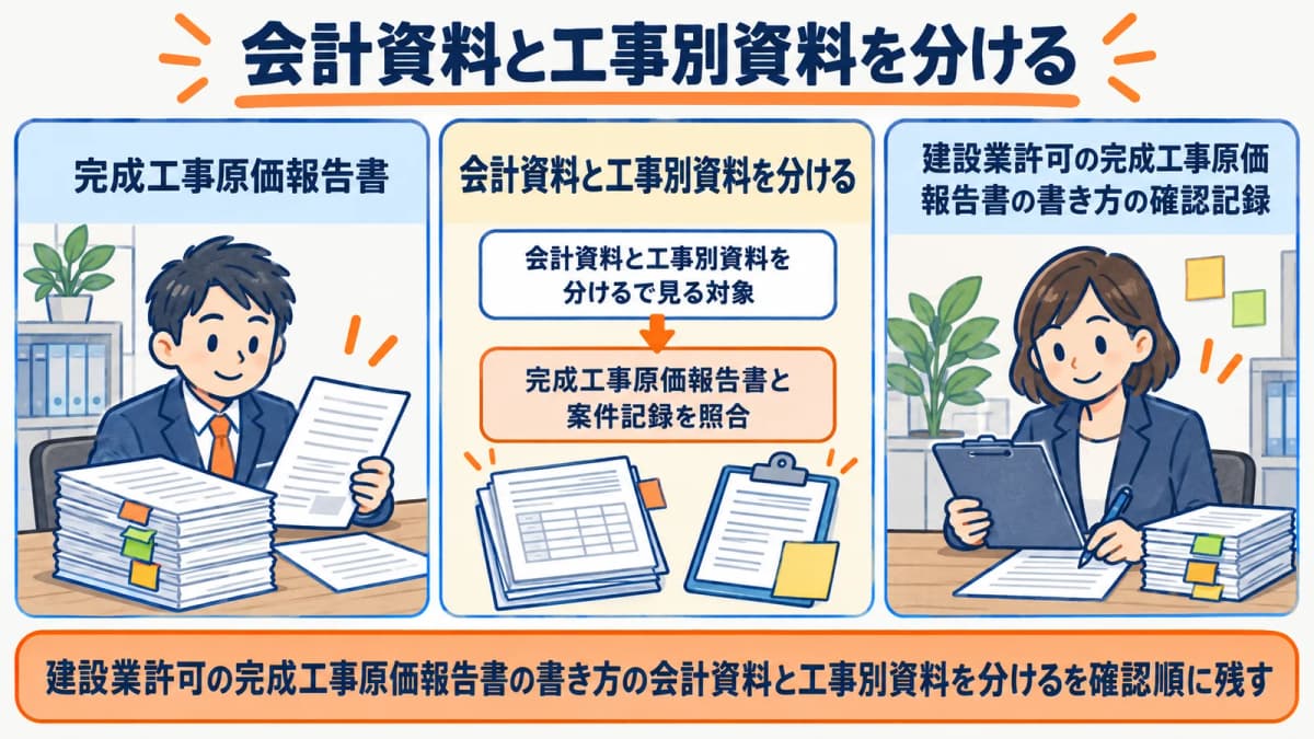会計資料と工事別資料の区分を行政書士事務所の確認順に整理した図