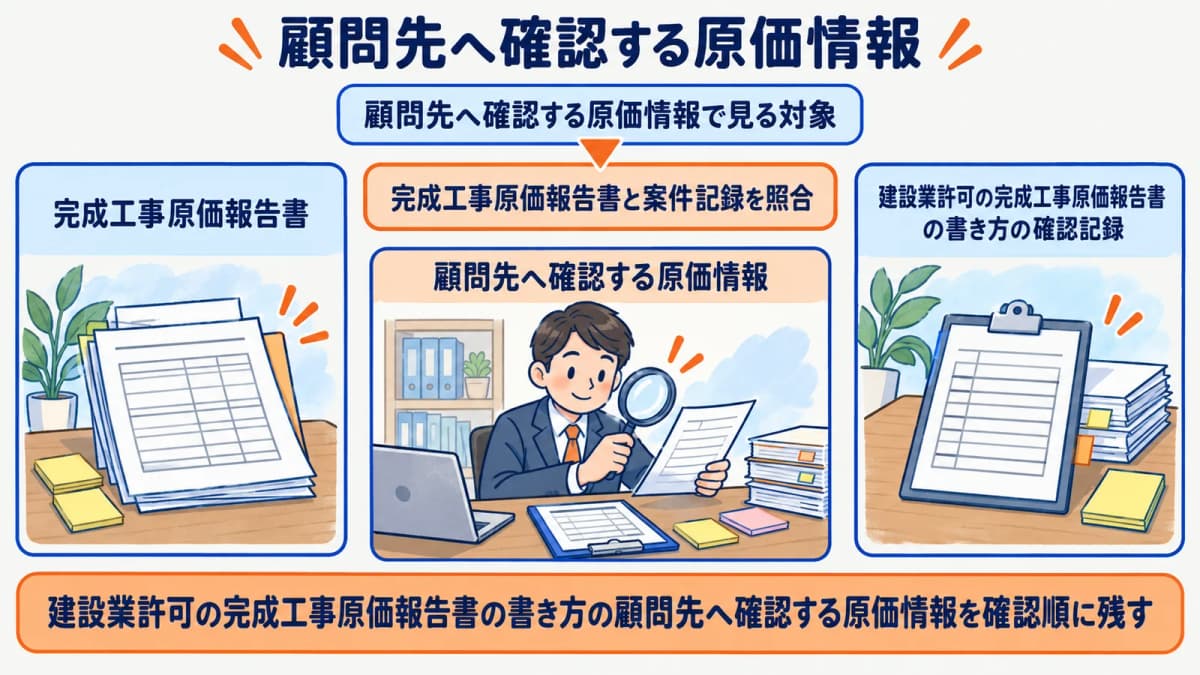 顧問先へ確認する原価情報を行政書士事務所の確認順に整理した図