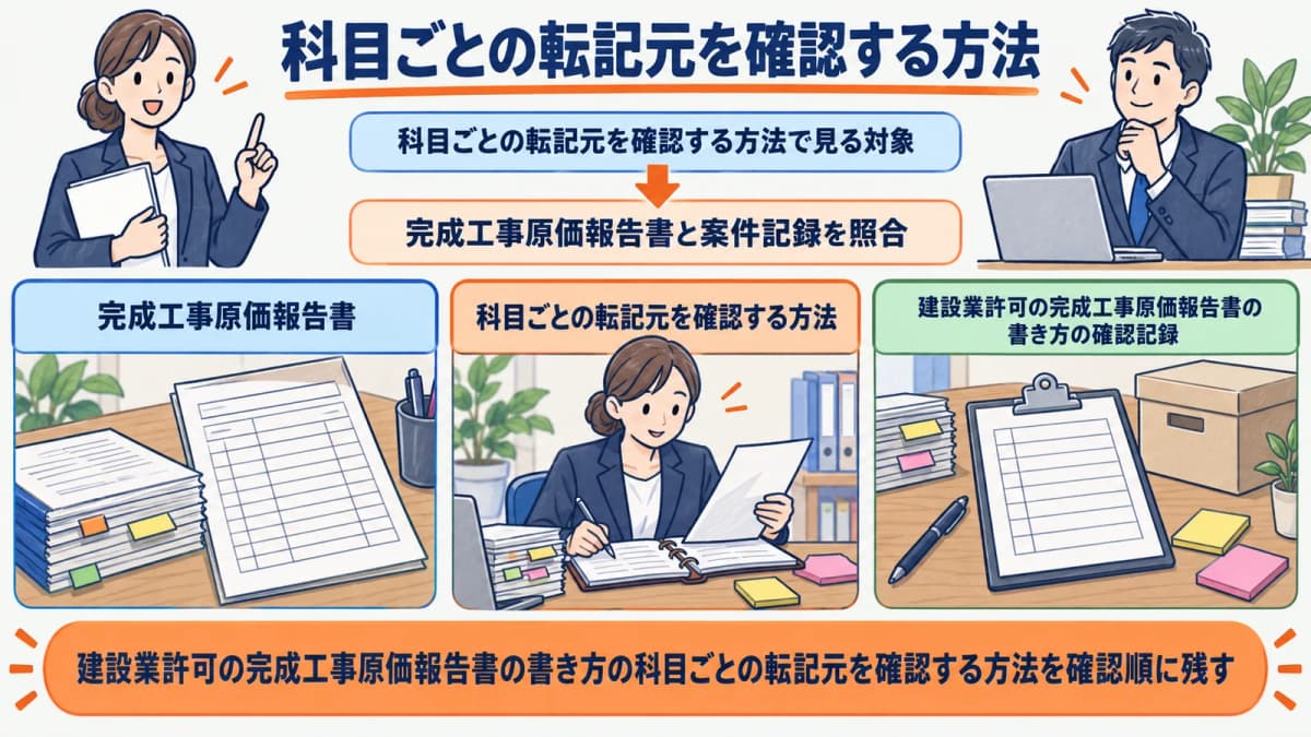 科目ごとの転記元を確認する方法を行政書士事務所の確認順に整理した図