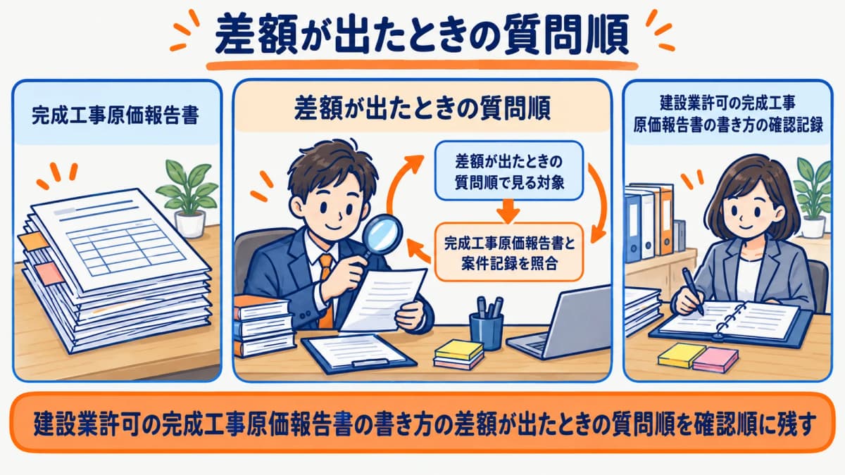 差額が出たときの質問順を行政書士事務所の確認順に整理した図