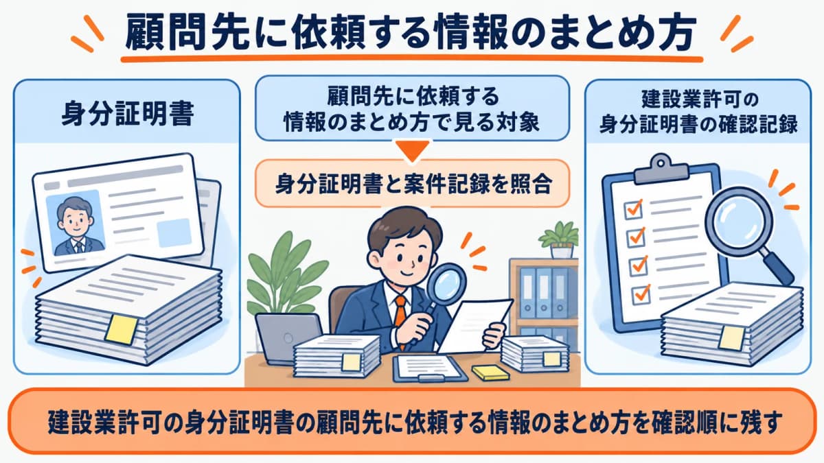 顧問先に依頼する情報のまとめ方を行政書士事務所の確認順に整理した図