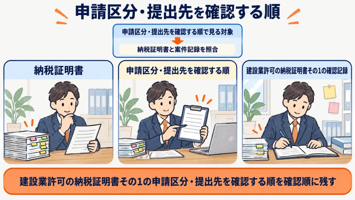 申請区分・提出先を確認する順を行政書士事務所の確認順に整理した図