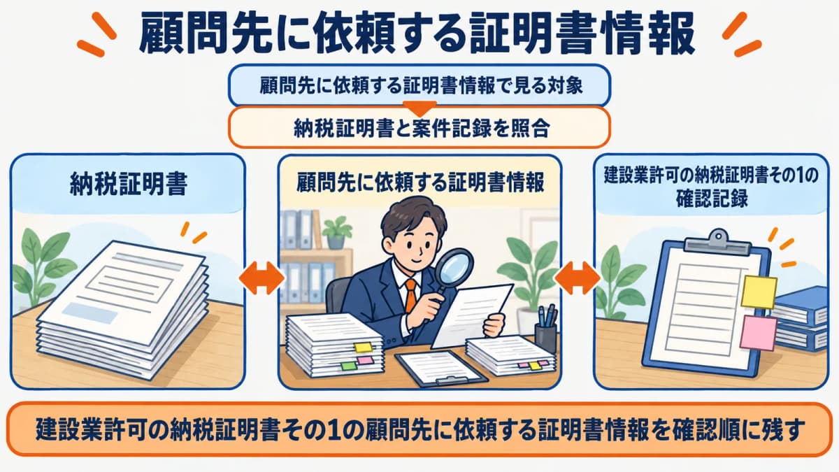 顧問先に依頼する証明書情報を行政書士事務所の確認順に整理した図
