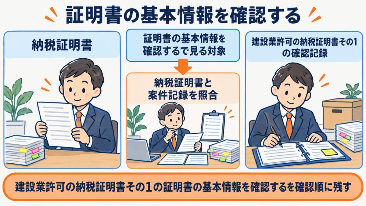 証明書の基本情報の確認を行政書士事務所の確認順に整理した図