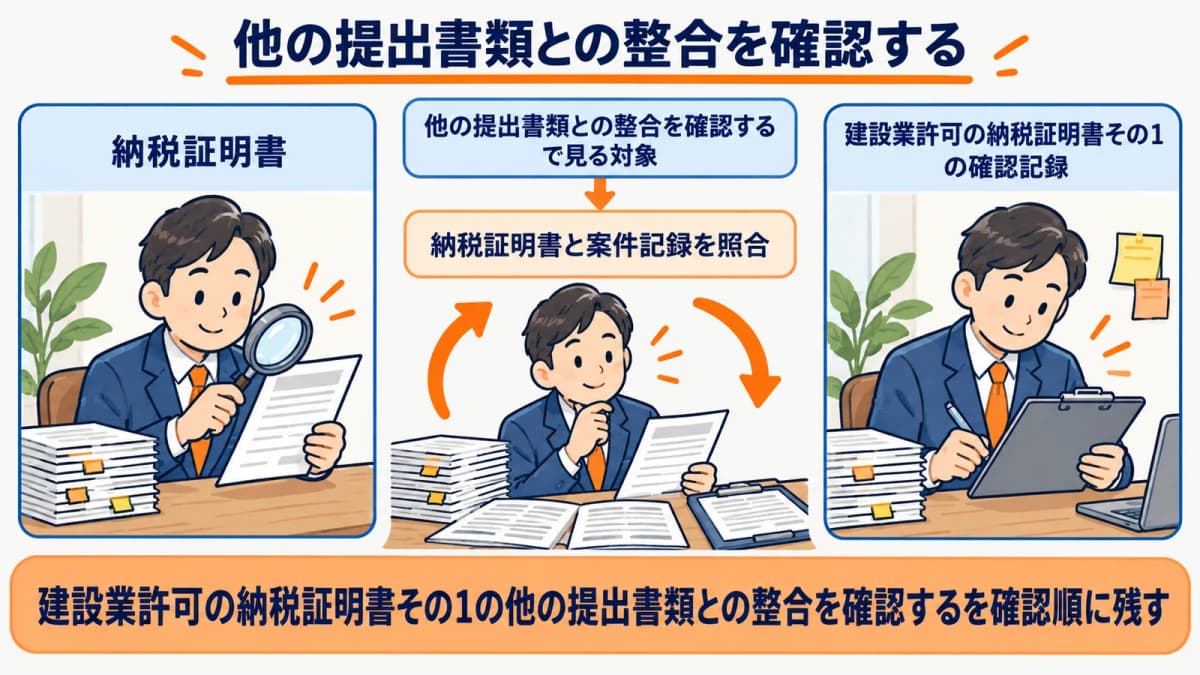 他の提出書類との整合の確認を行政書士事務所の確認順に整理した図