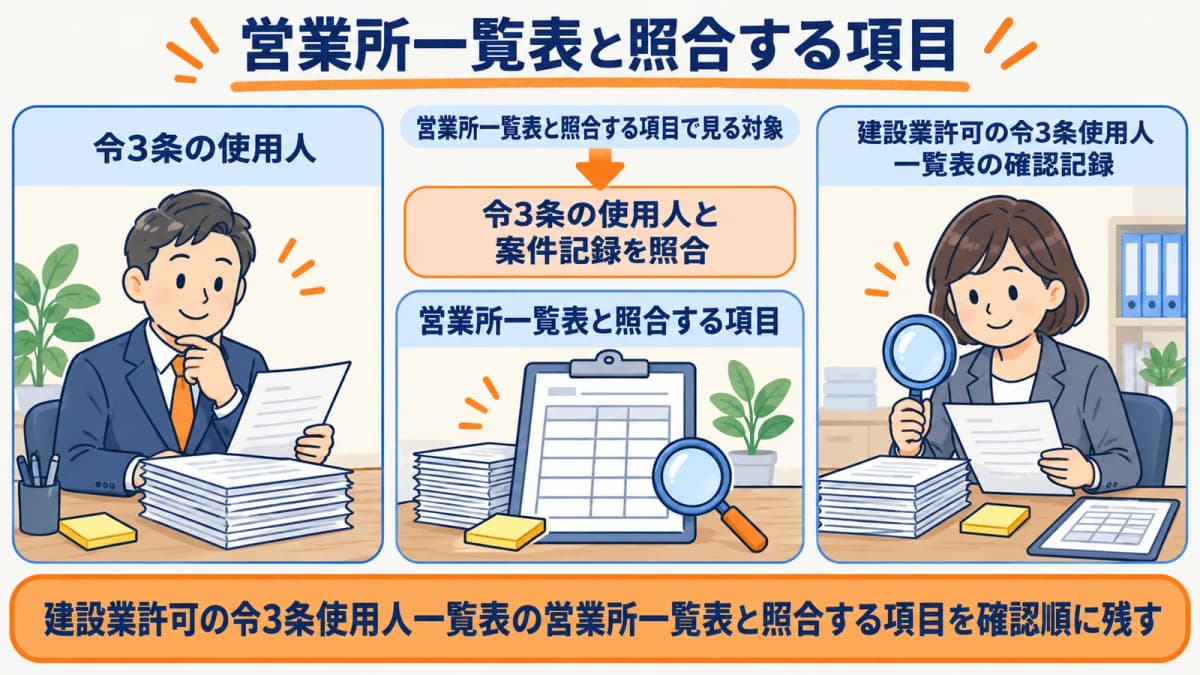 営業所一覧表と照合する項目を行政書士事務所の確認順に整理した図