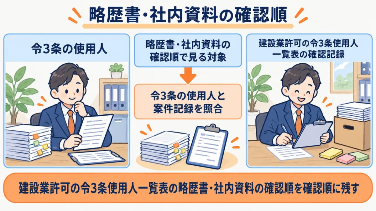 略歴書・社内資料の確認順を行政書士事務所の確認順に整理した図