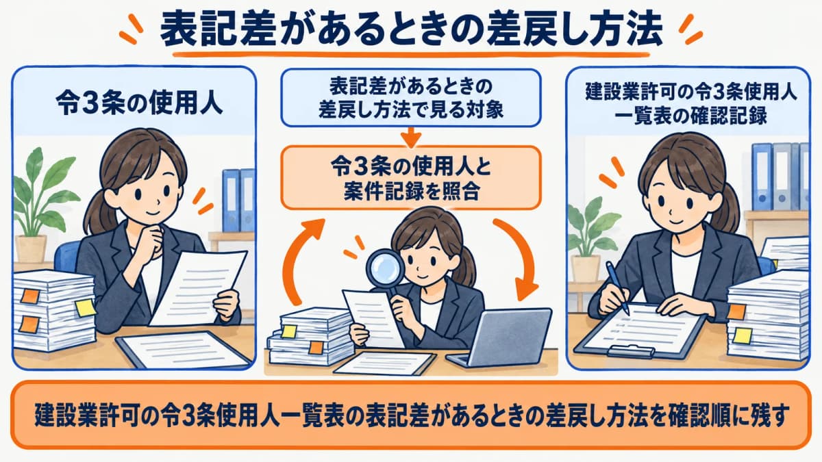 表記差があるときの差戻し方法を行政書士事務所の確認順に整理した図