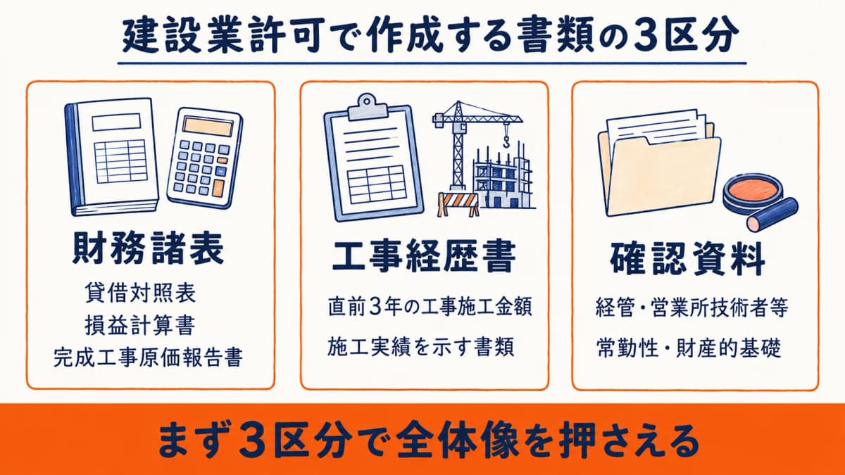建設業許可で作成する書類の3区分(財務諸表・工事経歴書・確認資料)