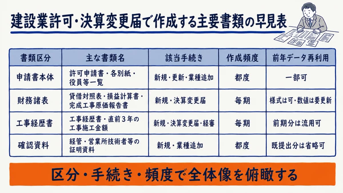 建設業許可・決算変更届で作成する主要書類の早見表