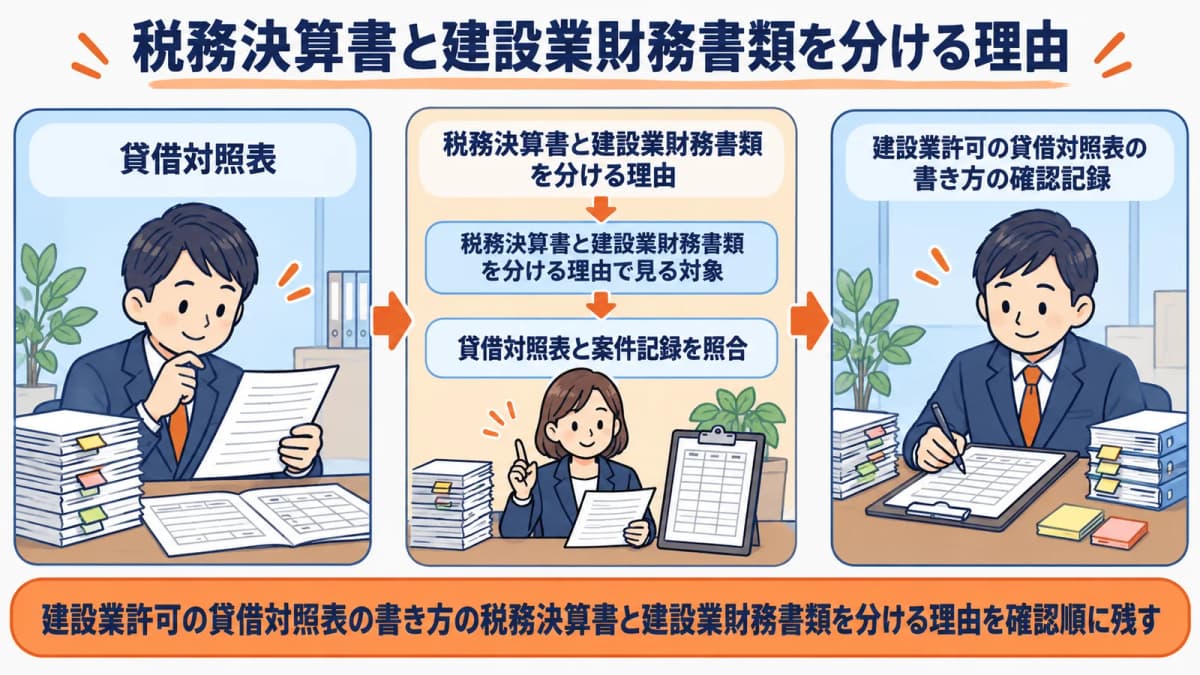 税務決算書と建設業財務書類を分ける理由を行政書士事務所の確認順に整理した図