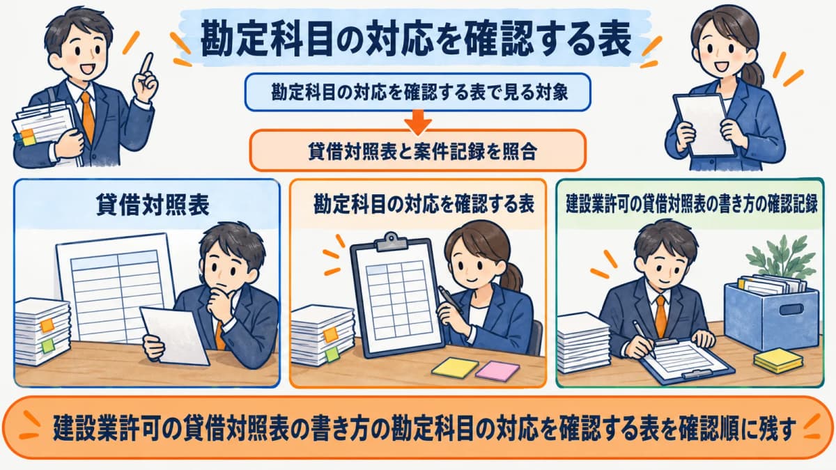 勘定科目の対応を確認する表を行政書士事務所の確認順に整理した図