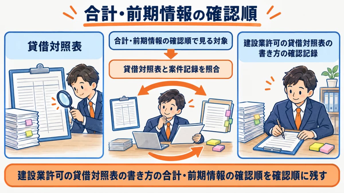 合計・前期情報の確認順を行政書士事務所の確認順に整理した図