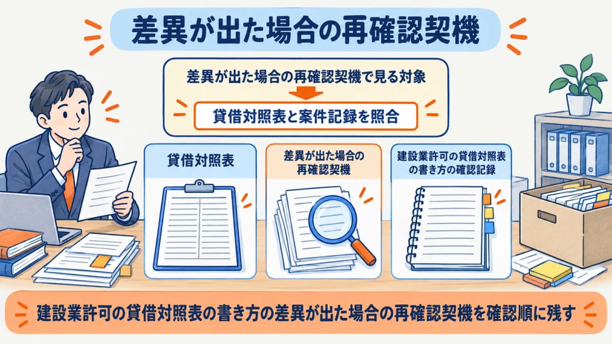 差異が出た場合の再確認契機を行政書士事務所の確認順に整理した図