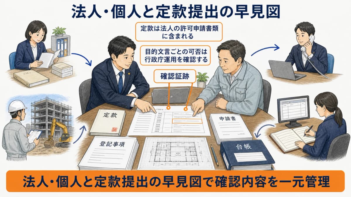 法人と個人で建設業許可申請時の定款提出を分ける早見図