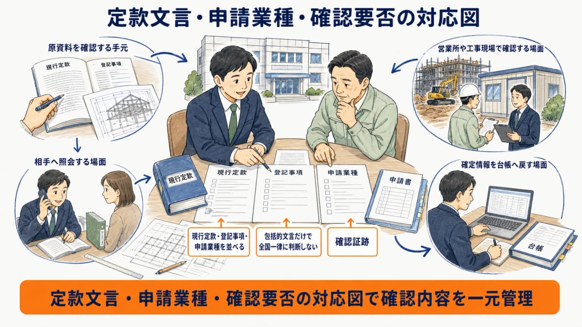 定款文言と申請業種と行政庁への確認要否を対応させる図