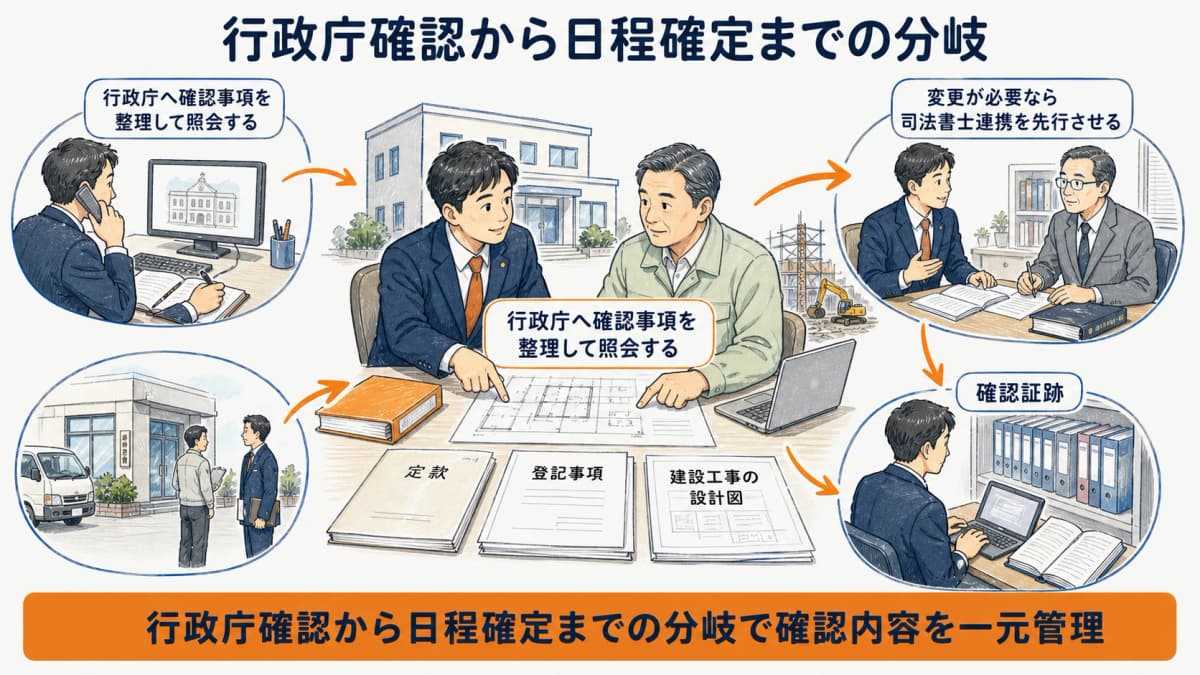 行政庁への確認から定款変更と申請日程確定までを示す分岐図