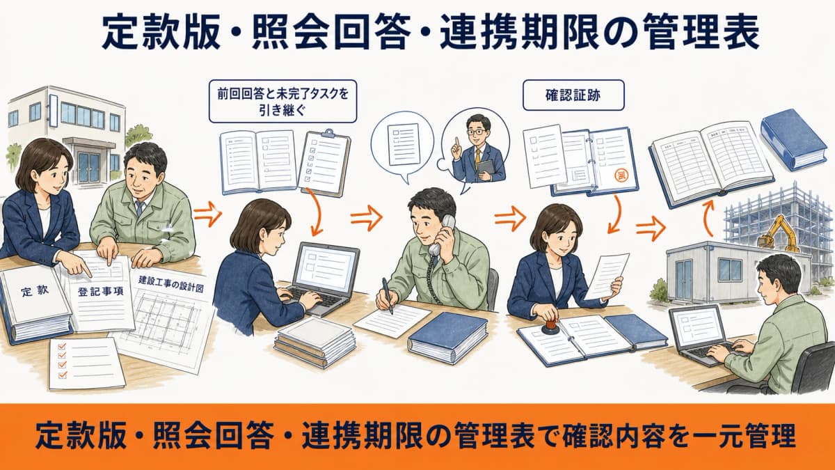 定款の版と行政庁回答と司法書士連携期限を管理する一覧図