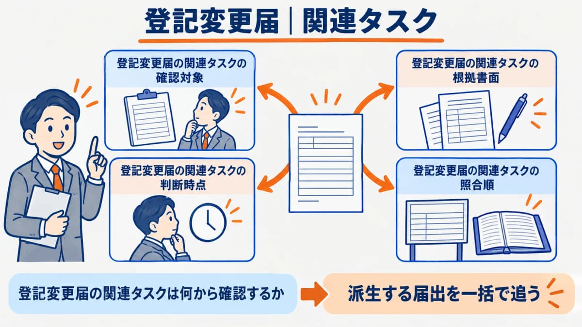 登記事項変更から届出と関連制度へ展開する工程図