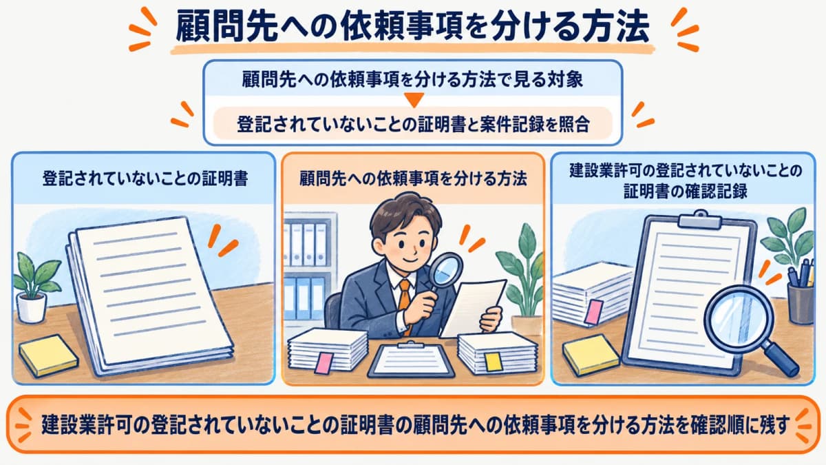 顧問先への依頼事項を分ける方法を行政書士事務所の確認順に整理した図