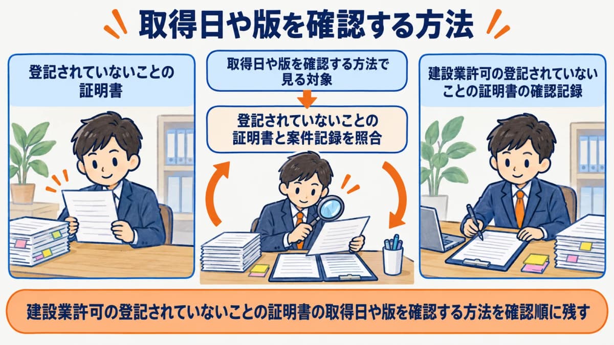 取得日や版を確認する方法を行政書士事務所の確認順に整理した図