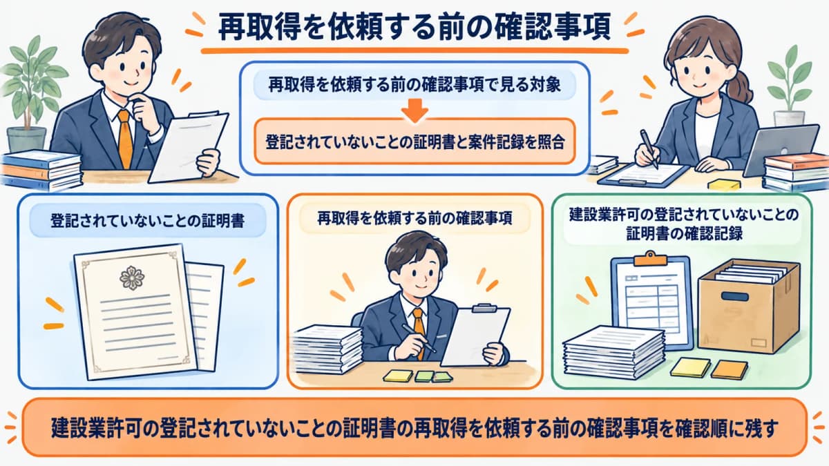 再取得を依頼する前の確認事項を行政書士事務所の確認順に整理した図