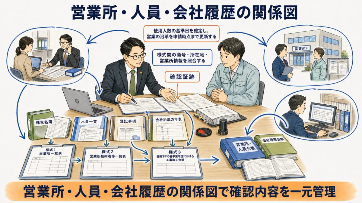 営業所ごとの人員情報と会社履歴を基準日別に結び付けた関係図
