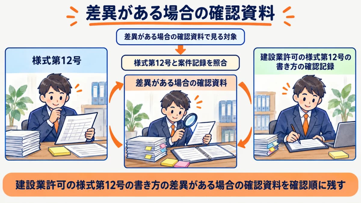 差異がある場合の確認資料を行政書士事務所の確認順に整理した図