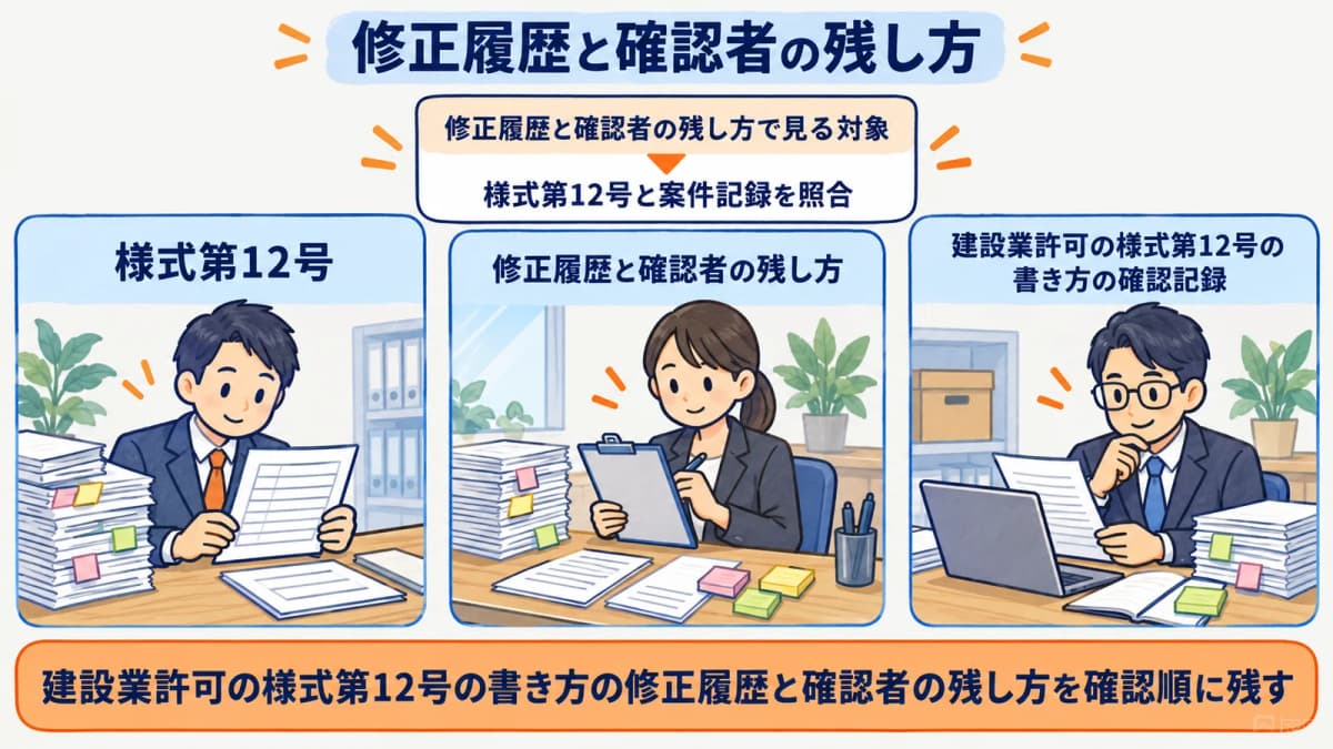 修正履歴と確認者の残し方を行政書士事務所の確認順に整理した図