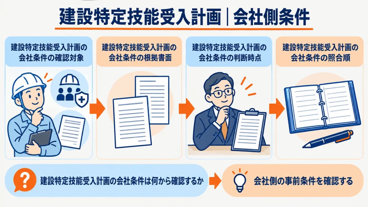 建設特定技能受入計画の会社側事前条件を確認する図