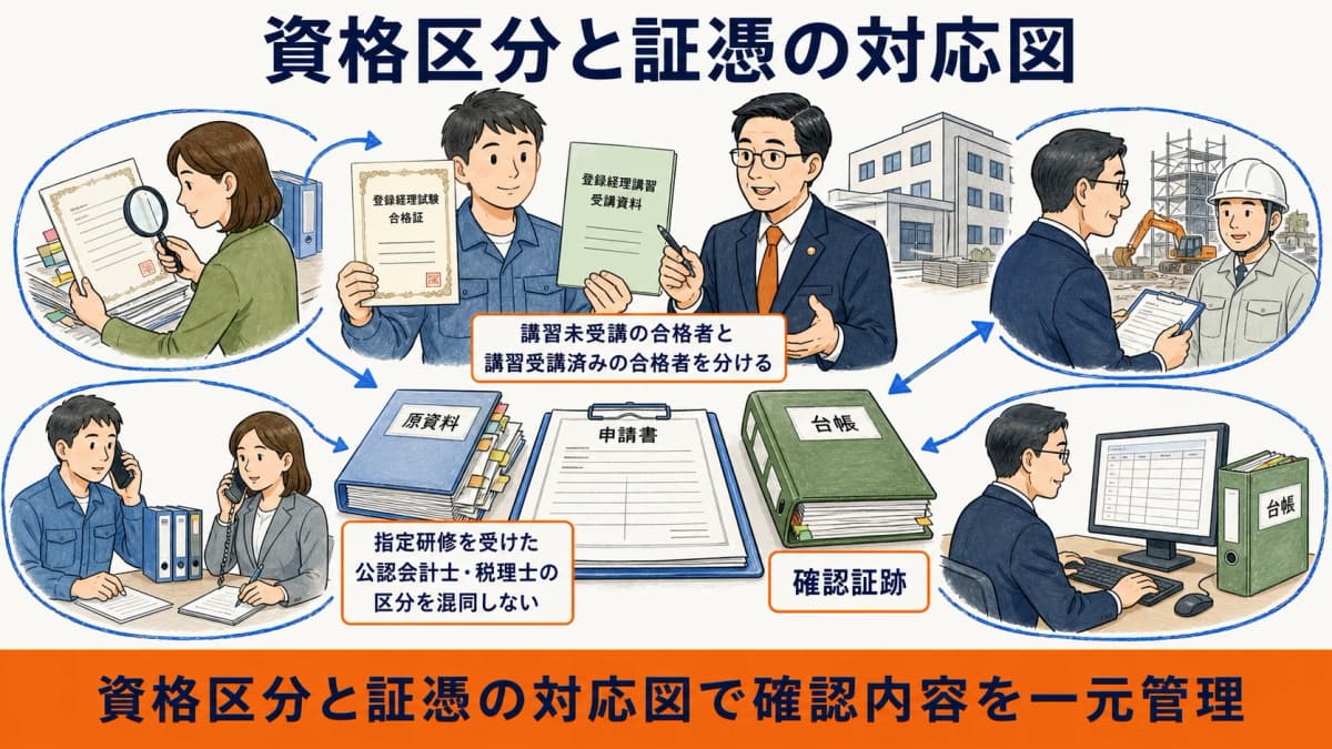 登録経理試験合格と登録経理講習と指定研修の証憑を分ける図