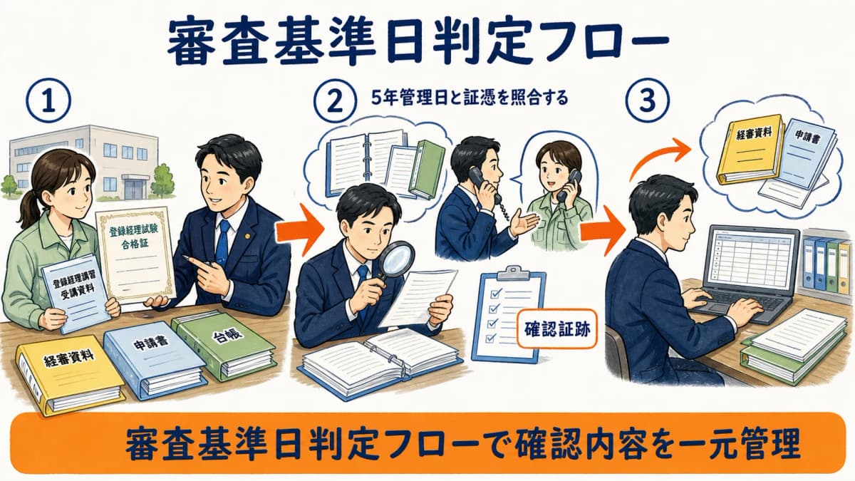 翌年度開始日と5年管理日と審査基準日を照合する判定フロー