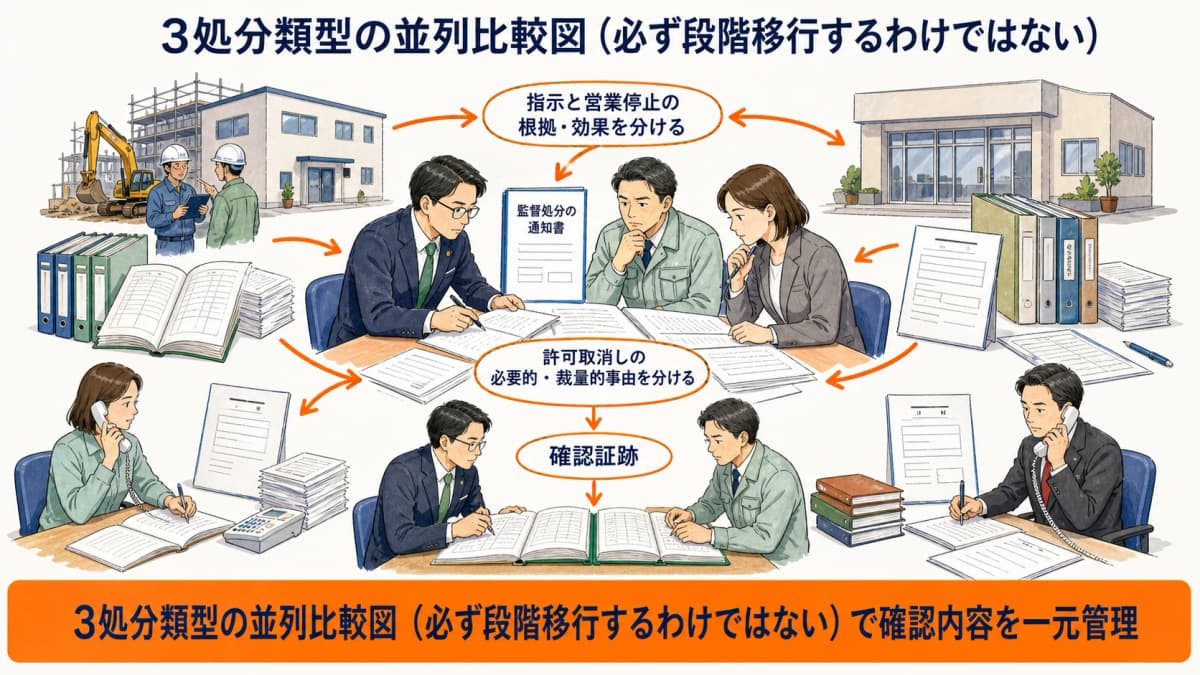 指示と営業停止と許可取消しを段階ではなく並列に比較する図