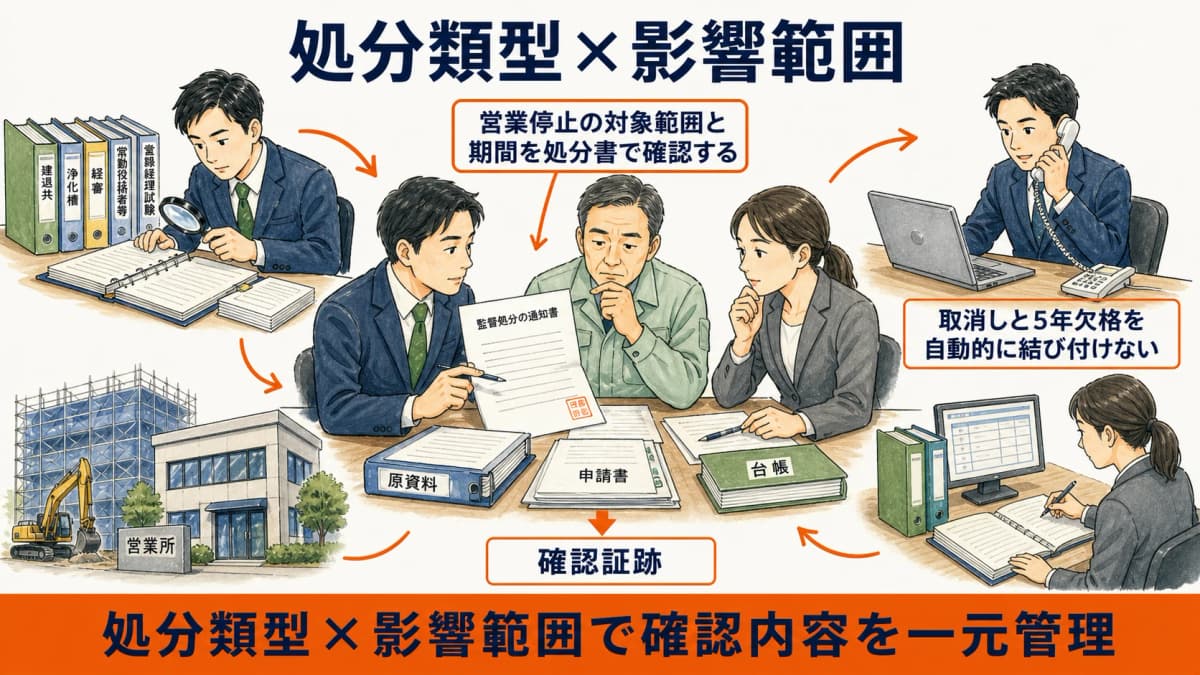 監督処分類型ごとに営業範囲と許可と欠格確認の入口を分ける図