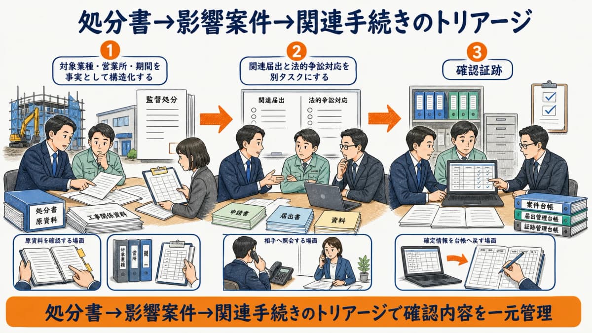 処分書から影響案件と関連手続きと専門家連携へ分けるトリアージ図