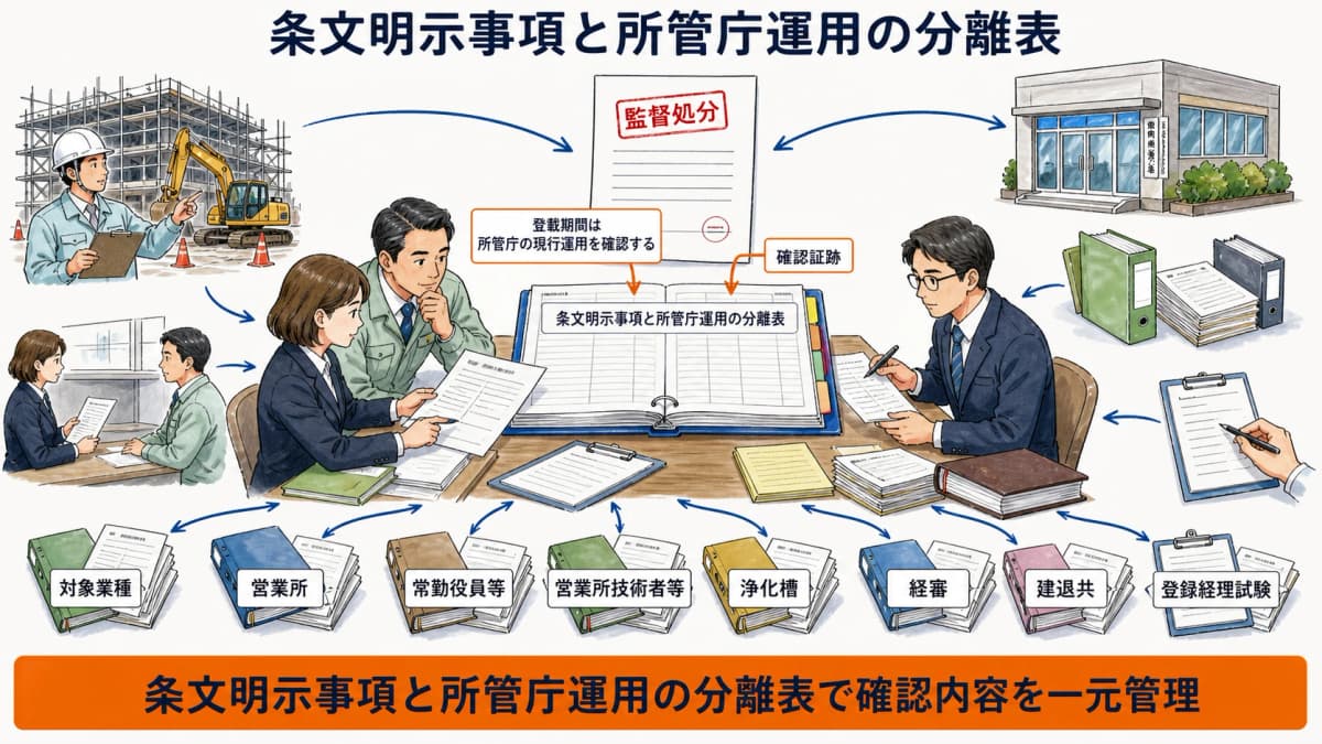 法令で明示された公告と処分簿事項と所管庁運用を分ける図