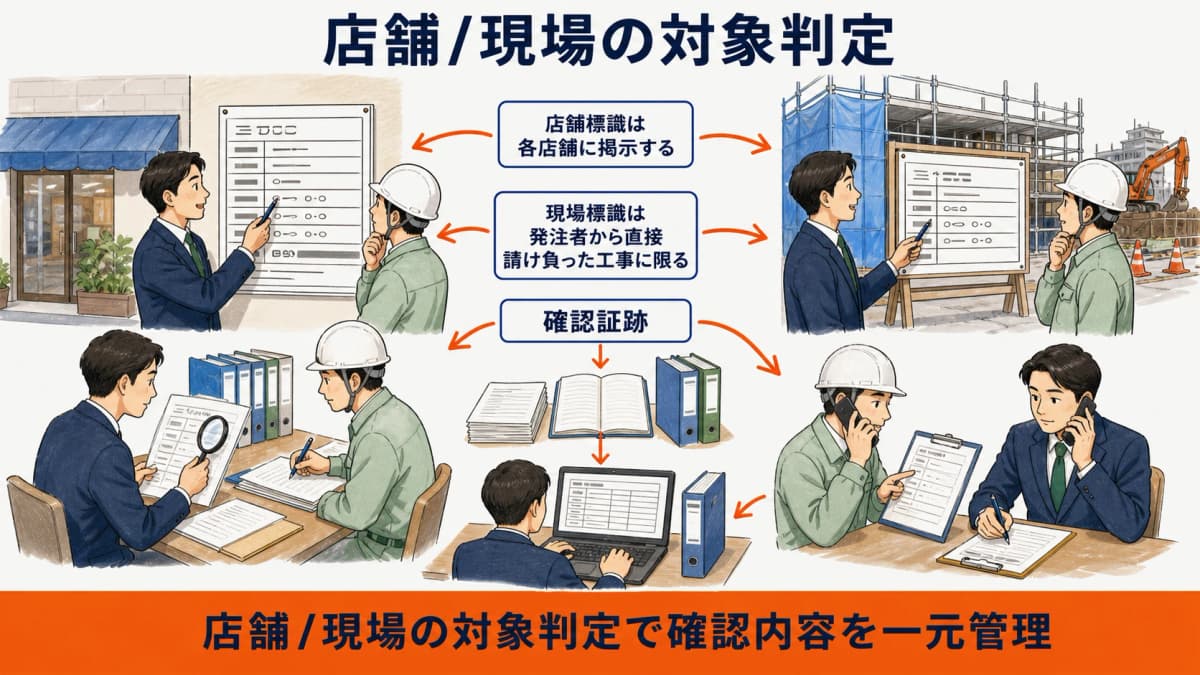建設業者の店舗と発注者から直接請け負った現場を分ける掲示対象判定図