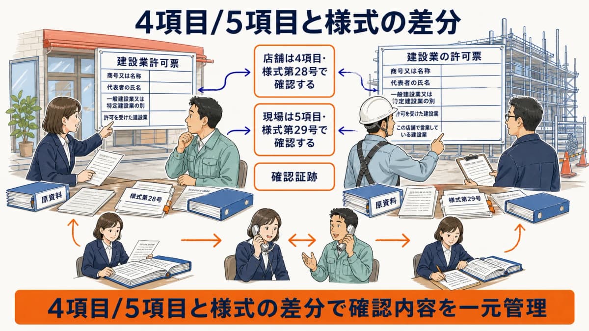 店舗の四項目と現場の五項目および様式の違いを示す図