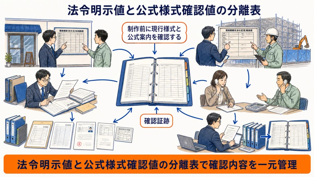 法令で明示された記載事項と現行様式で確認する表示仕様を分ける表