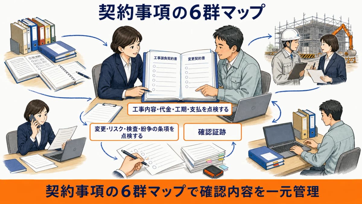 工事と代金と工期から紛争解決まで契約事項を六つの群で整理する図
