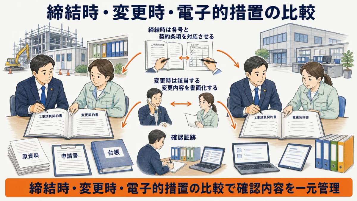 当初契約と変更契約と電子的措置を条件別に比較する図