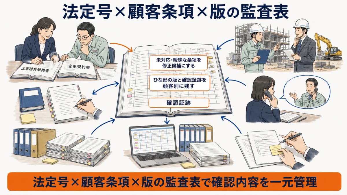 法定号と顧客条項とひな形版を照合する建設業許可HUB式契約監査表