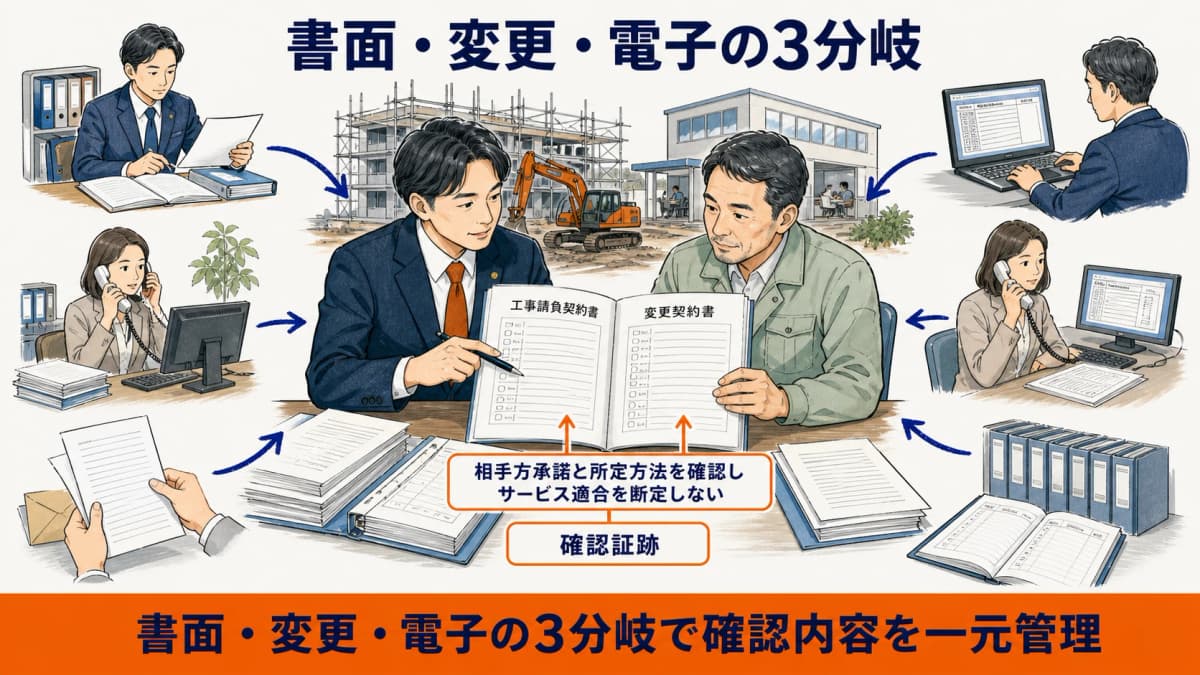 書面による当初と変更から相手方承諾を伴う電子的措置へ分岐する図