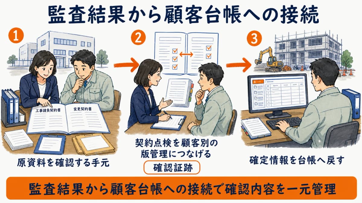 契約監査結果から顧客別ひな形と変更履歴と次回確認へつなぐ図