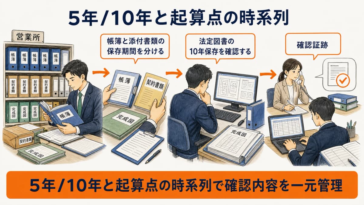 帳簿と添付書類の五年または十年と法定図書の十年を起算点から示す時系列