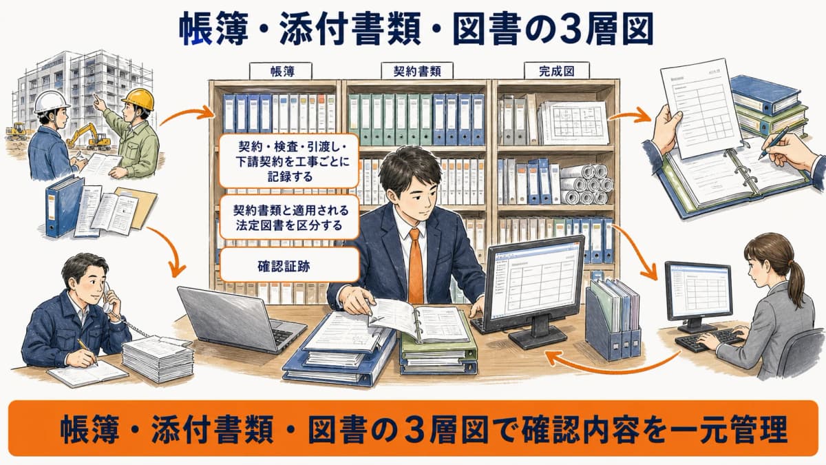 工事ごとの帳簿と添付書類と法定図書を三層で整理する図